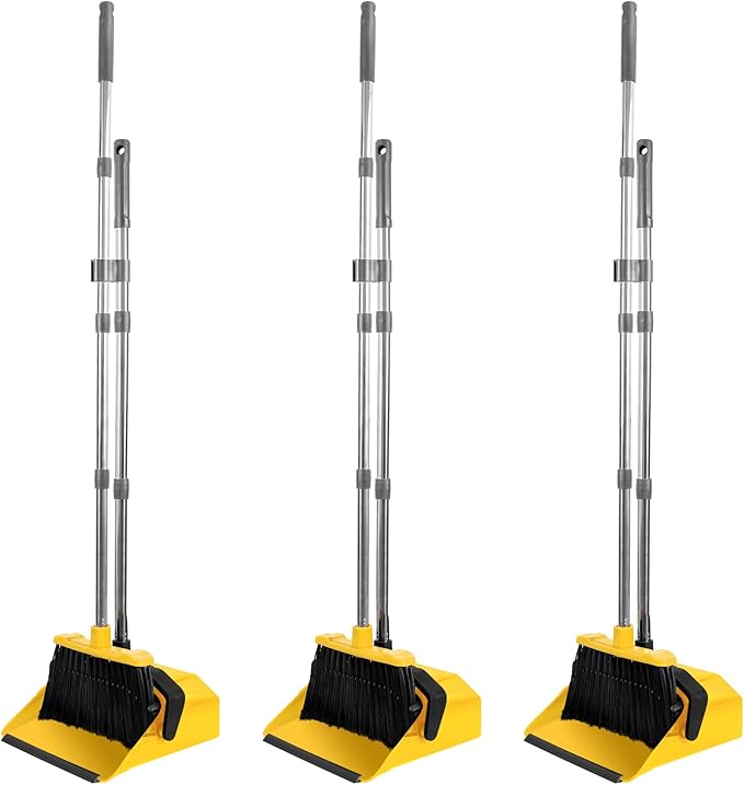 3-Pack Commercial Broom and Dustpan Combo Set, Industrial 51'' Broom and Dustpan Set, Large Standing Bulk Dust Pan Long Handle for Hall Office Garage Floor Outdoor - Bright Yellow