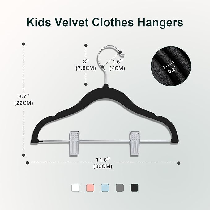 Baby Clothes Hangers with Clips, 14 Packs Kids Velvet Clothes Hangers, Heavy-Duty Childrens Hangers, Storage Organizer Clothing Hangers for Shirts, Pants, Skirts, Dresses, Jackets, Coat Black