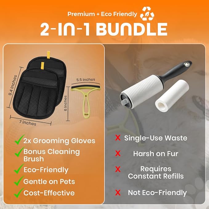 2 Pack Electrostatic Pet Hair Remover Glove with Cleaning Brush for Cats & Dogs, 2025 Upgraded Reusable 5-Finger Grooming Gloves – Magic Brush Tool for Furniture, Couch, Carpet, Car & Clothing (Black)