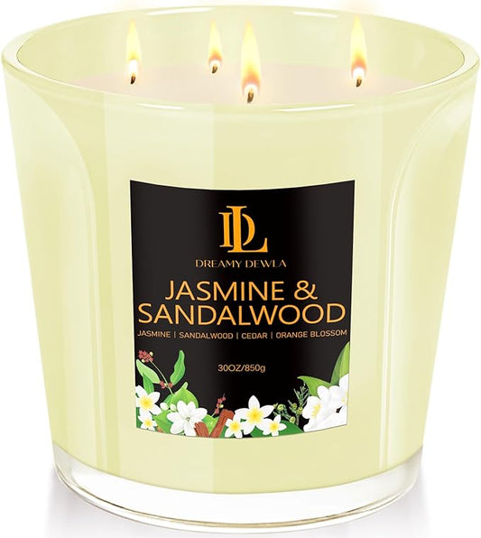Large Candle Jasmine & Sandalwood Scented, 4 Wick Natural Soy Candles for Home Scented, 30oz Big Candle Long Lasting, Home Aromatherapy Candles Housewarming Valentine's Day Gift for Women Men
