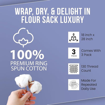 WHITEWRAP Flour Sack Towels 18x28 – 100% Cotton (Pack of 3), Reusable Kitchen Tea Towels for Baking, Crafts, Embroidery Ideas