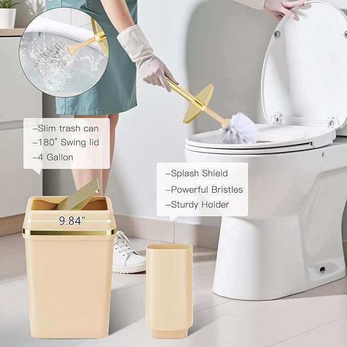 25PCS Bathroom Accessory Set, Beige Bathroom Set with Large-Capacity 4 Gallon Trash Can,Bathroom Rugs Set, Waterproof Shower Curtain, Toilet Brush, Toothbrush Holder & Soap Dispenser