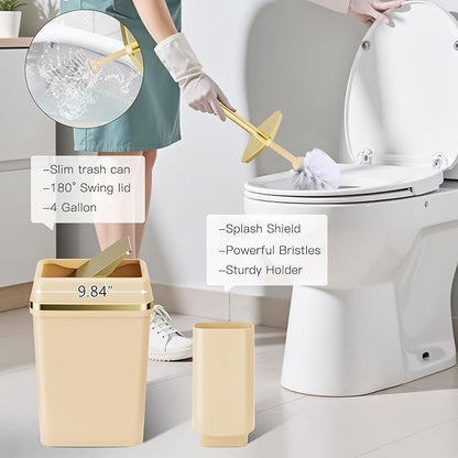 25PCS Bathroom Accessory Set, Beige Bathroom Set with Large-Capacity 4 Gallon Trash Can,Bathroom Rugs Set, Waterproof Shower Curtain, Toilet Brush, Toothbrush Holder & Soap Dispenser