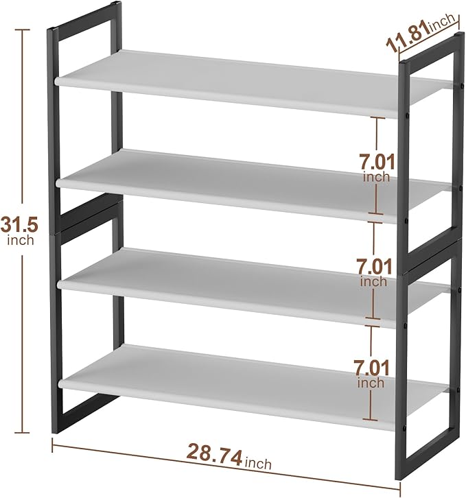 Shoe Rack for Closet & Entryway, Stackable 4-Tier Shoe Organizer, Welded Metal Frame, Semi-Assembled Fast Setup, 11.8" Deep Non-Woven Shelves, Space-Saving Shoe Storage, Black