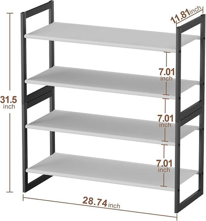 Shoe Rack for Closet & Entryway, Stackable 4-Tier Shoe Organizer, Welded Metal Frame, Semi-Assembled Fast Setup, 11.8" Deep Non-Woven Shelves, Space-Saving Shoe Storage, Black