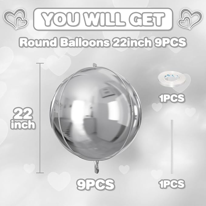 Silver Round Foil Balloons 9 pcs,Metallic Silver Giant 4D Round Balloons 22 Inch for Wedding Graduation Anniversary Baby Shower Birthday Party Decorations