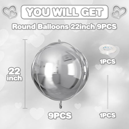 Silver Round Foil Balloons 9 pcs,Metallic Silver Giant 4D Round Balloons 22 Inch for Wedding Graduation Anniversary Baby Shower Birthday Party Decorations