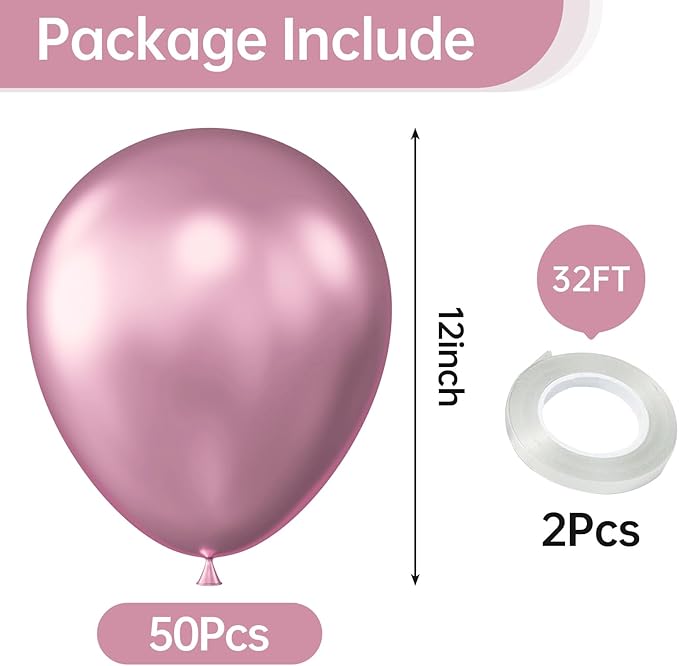 KALOR 12 Inch Metallic PInk Balloons, 50 Pcs Latex Helium Metallic Balloons for Kid's Birthday Party, Baby Shower, Wedding, Graduate Party Decorations