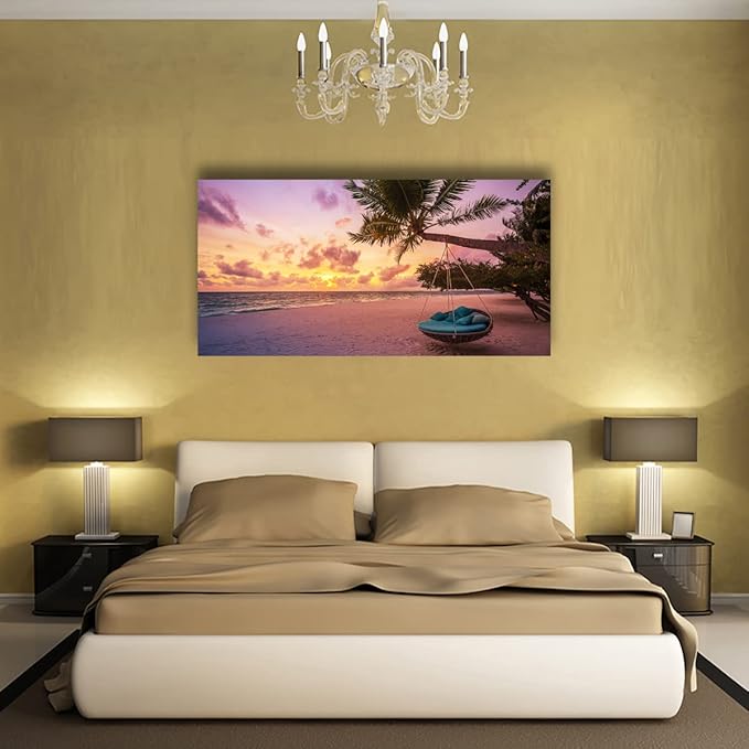 Purple Beach Palm Pictures Canvas Wall Art For Living Room Bedroom Wall Decor,Sunset Wall Art Print Paitnings For Home Decor,Morden Artwork Coconut Tree Canvas Art Ready To Hang-20x40Inches