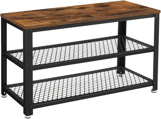 VASAGLE, 3-Tier Shoe Rack, Shelf Storage Bench with Metal Mesh Shelves and Seat, Free Standing Shoe Organizer for Entryway, 11.8 x 28.7 x 17.7 Inches, Rustic Brown and Black ULBS73X