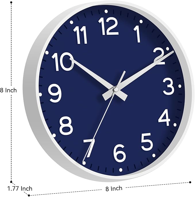 Wall Clock, Silent Wall Clocks Battery Operated 8 Inch-Modern Non Ticking Analog Clock Decorative for Kitchen Office Bathroom Bedroom(Navy Blue)