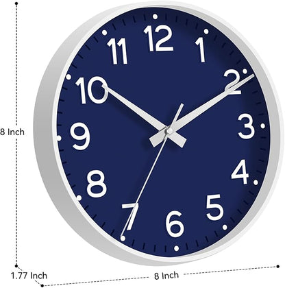Wall Clock, Silent Wall Clocks Battery Operated 8 Inch-Modern Non Ticking Analog Clock Decorative for Kitchen Office Bathroom Bedroom(Navy Blue)