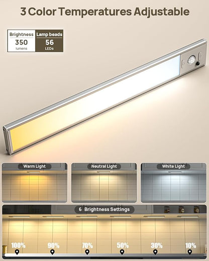 Under Cabinet Lighting with Remote Control,2500mAh USB Rechargeable Motion Sensor Light Indoor,350 Lumen LED Closet Light,3 Color Temps Wireless Under Counter Lights for Bedroom,Wardrobe,Stairs,6 Pack