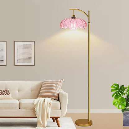 Floor Lamp for Living Room,Bedroom,Gold Dimmable Standing Lamp with Remote,Mid Century Modern Brass Tall Lamp Retro Vintage Pink Glass Lamp Floor Light Boho Bohemian