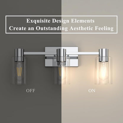 3-Light Modern Vanity Light Fixtures Over Mirror, Polished Chrome Bathroom Light Fixtures, Vanity Lights, Wall Sconce with Clear Glass Shade for Bathroom, E26 Base