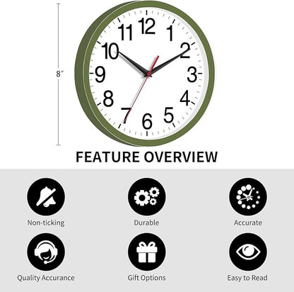 Wall Clock Modern 8 Inch Battery Operated Silent Non Ticking Small Analog Clock Decorative for Bedroom Kitchen Bathroom Office Home (Olive Green)