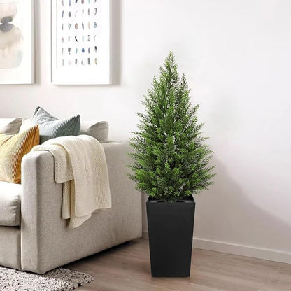 Briful Artificial Cedar Topiary Trees 4ft, Set of 2 Faux Potted Christmas Porch Trees Cypress Sbrubs, UV-Resistant Front Door Greenery in Tall Black Planter for Indoor Outdoor Holiday Décor