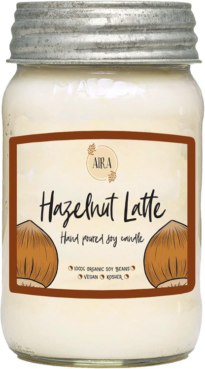 Aira Soy Candles - Organic, Kosher, Vegan, in Mason Jar w/Therapeutic Grade Essential Oil Blends - Hand-Poured 100% Soy Candle Wax - Paraffin Free, Burns 110+ Hours - Hazelnut Latte -16 Ounces