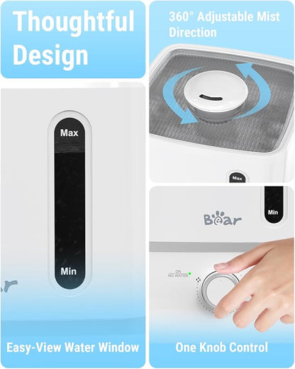 Bear Humidifiers for Bedroom, 2.5L Cool Mist Humidifiers and Oil Diffuser, Quiet Rapid humidifiers for Home Whole House, with Adjustable Mist Output and Auto Shut-off, White
