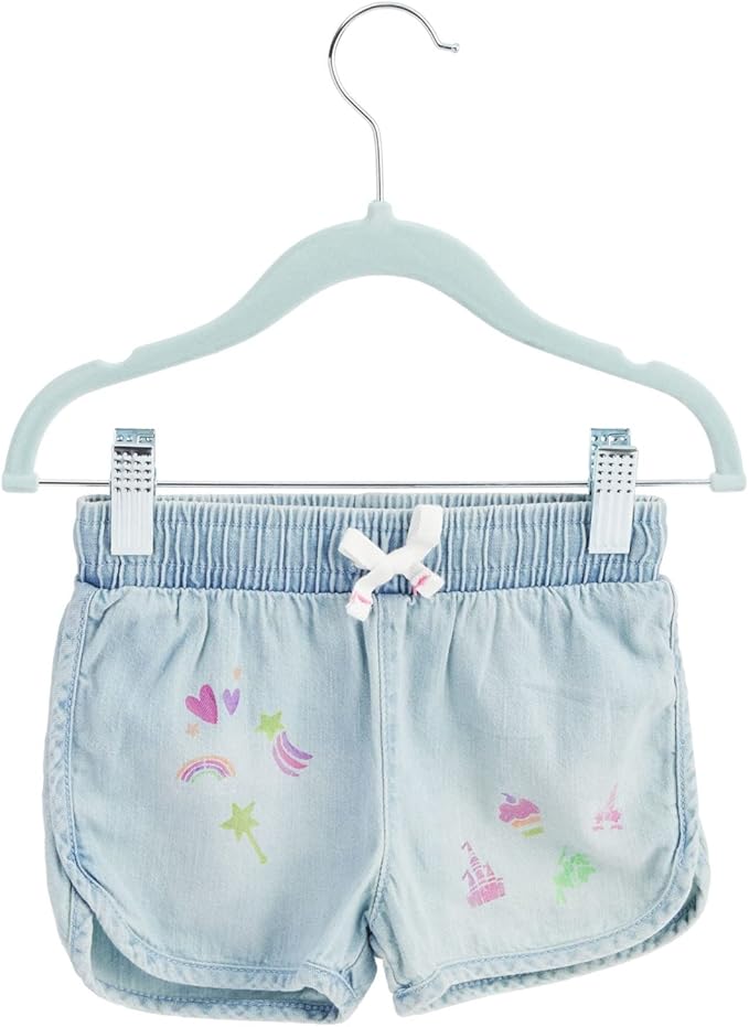 Juvale 24-Pack Light Blue Velvet Hangers for Baby & Kids Clothes with Clips – 360° Swivel Hook, Anti-Slip Space-Saving Design for Pants, Tank Tops, Skirts (12×8 in Baby Hanger)