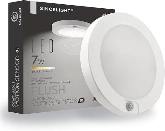 SINCELIGHT PIR Motion Sensor 7W LED Ceiling Light (Φ6''/146mm), Automatically ON/Off, Movement Activated, Cool White 6000K, Surface/Flush Mount for Closet,Cabinet,Hallway, Damp Use, Pack of 1