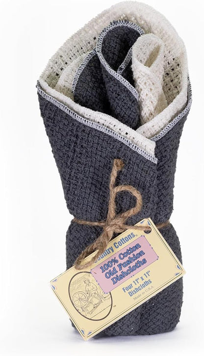 Old Fashion 100% Cotton Dishcloths - Set of 4 Mixed Colors - 2 Gray/2 Natural -11" x 11"