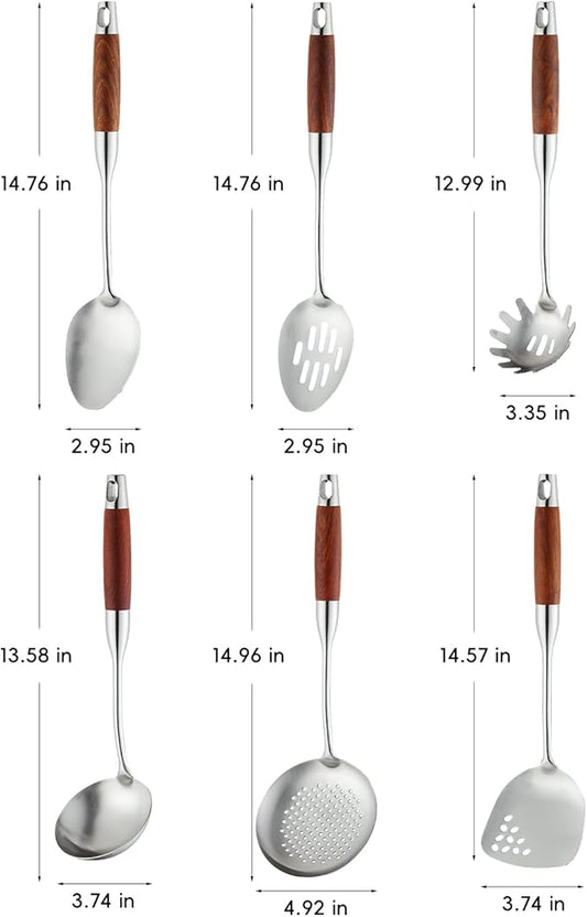 Stainless Steel Kitchen Utensils Set with Wood Handle, 18/10 Metal Cooking Utensils Set, 6-Piece - Spatula, Spoon, Ladle, Skimmer, Slotted Spoon, Pasta Server (Dishwasher Safe)