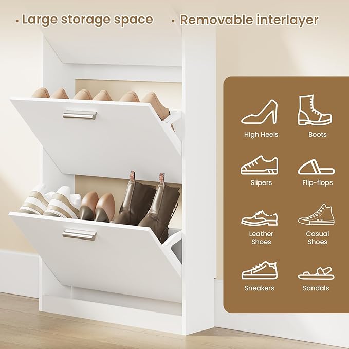 Shoe Cabinet Organizer with 3 Flip Drawers，Freestanding Shoe Rack Cabinet，Narrow Shoe Cabinet Storage for entryway，Foyer, Hallway, White, 23.6" W × 6.3" D × 47.2" H
