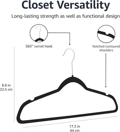 Amazon Basics Slim Velvet, Non-Slip Suit Clothes Hangers, Pack of 30, Black