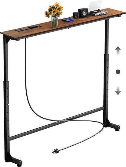 45 inch Narrow Console Table with Outlet,Adjustable Height(25"-37") Behind Sofa Table,Couch Behind Table Skinny,Couch Shelf with Charging Station,Long Entryway Tables for Living Room,Brown
