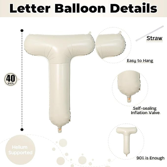 Cream Name Balloon Letters, Large Mylar Helium Alphabet T Custom Balloon Letter Beige Decor, 40 Inch Inflatable Sand White Letter T Foil Customize Balloons for Girls Birthday Party Decoration Supplies