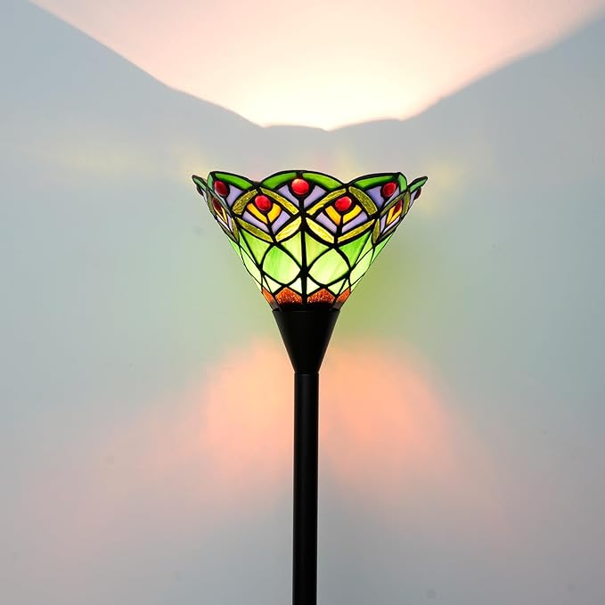 Tiffany Torchiere Floor Lamp Green Peacock Tail Style Stained Glass Floor Light Antique Tall Standing Lamp Handcrafted Pole Reading Uplight Lamp for Home Office Living Room