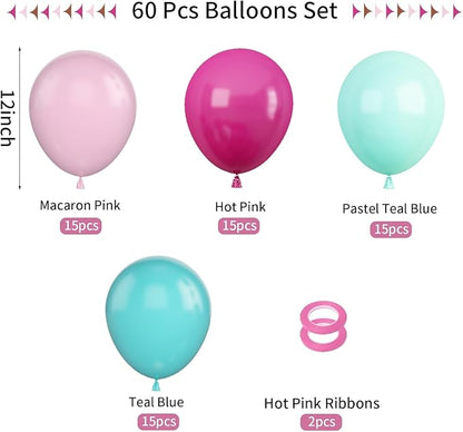 Pink Blue Balloons, 60Pcs Hot Pink Teal Blue Balloons, 12 Inch Hot Pink Confetti Helium Balloon Rose Red Turquoise Latex Balloon for Birthday Wedding Baby Shower Summer Flamingo Party Decorations