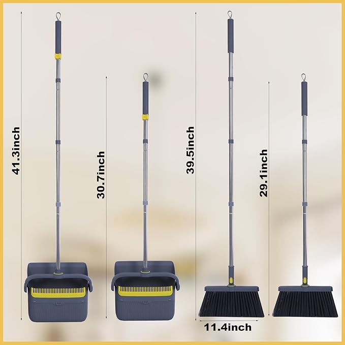 Upgrade Broom with Dustpan Combo Set Heavy Duty, Ergonomic Adjustable Handle, Cleaning Teeth, Ideal for Pets, Indoor and Outdoor Sweeping（Gray）