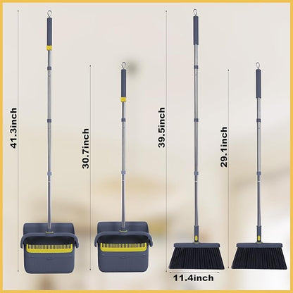 Upgrade Broom with Dustpan Combo Set Heavy Duty, Ergonomic Adjustable Handle, Cleaning Teeth, Ideal for Pets, Indoor and Outdoor Sweeping（Gray）