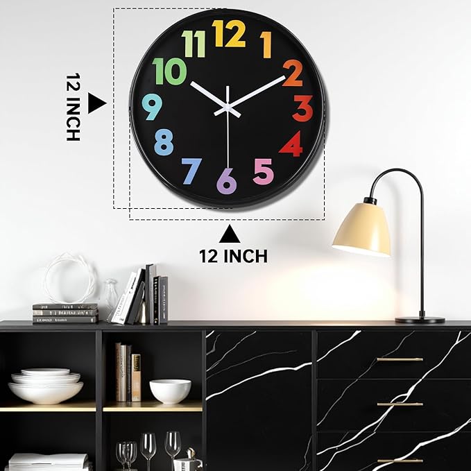 12 Inch Wall Clock for Kids Non Ticking Battery Operated Toddler Teaching Clock Silent Colorful Time Decorative Round Clock for Bedroom, Nursery Room, School, Home/Black