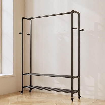 Rolling Clothes Rack, 47.2" Wide Metal Garment Rack,Heavy Duty Clothing Rack for Hanging Clothes with Wheels & bottom Shelves for Coats, Shirts, Dress