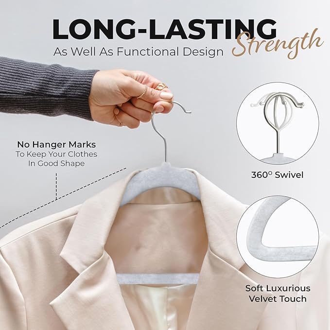 30 Pack Velvet Hanger for Shirt Pants Dresses Skirts Suits Jackets - Slim Space Saving Design - Standard Coat Hanger - Sturdy & Durable Design with Shoulder Grooves Hook - Ivory