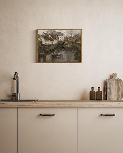 InSimSea Framed Canvas Wall Art Vintage Decor, Landscape Wall Art, Riverside Small Town Pictures Home Decor, Rustic Farmhouse Wall Print for Bedroom Living Room, 12"x16"