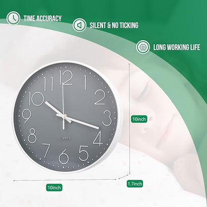 Wall Clock 10 Inch Non-Ticking Silent Modern Simple Style Round Decor Clock Gray Stereoscopic Dial Quartz Wall Clocks for Home/Office/School/Living Room/Bedroom/Kitchen