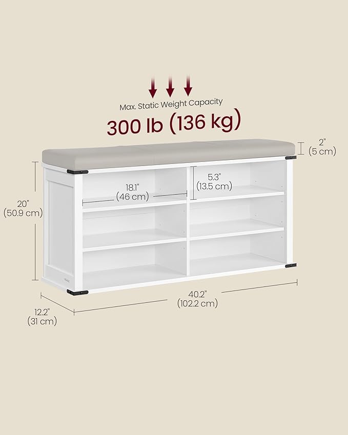 VASAGLE Shoe Storage Bench with Removable Cushion, Shoe Rack with Padded Seat, Entryway Bench with 6 Open Compartmens, Adjustable Shelves, for Hallway, Bedroom, Cloud White ULSB105W01