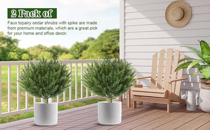 15.7" Fake Shrubs, Artificial Cedar Ball Tree Plant, 2 Packs of Fake Cedar Outdoor shrubs with Ground Spike, UV Resistant Fake shrubs, Used for Indoor and Outdoor Front Porch Gardens