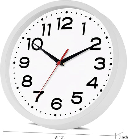 Wall Clock Silent Non-Ticking Modern Clock Battery Operated 8 Inch Small Classic Analog Decorative for Kitchen, Living Room, Office, Bedroom, Bathroom (White)