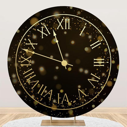 7.5x7.5ft Vintage Black Gold Clock Round Backdrop Cover Happy New Year Photography Background for New Year Eve Party New Year's Countdown Family Party Congrats Grad Celebration Portrait Supply
