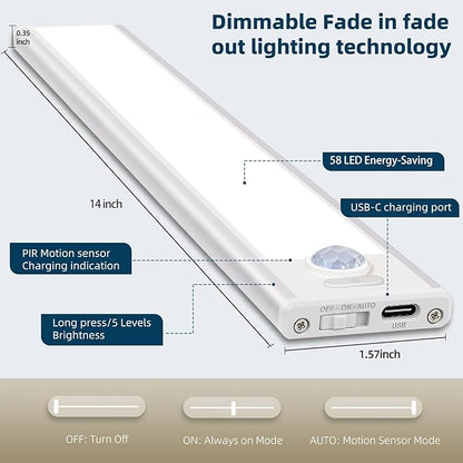 14inch Under Cabinet Lighting, 4 Pack Rechargeable Motion Sensor Light Indoor, Wireless Dimmable Magnetic Closet Lights, 58 LED Under Counter Lights for Kitchen, Wardrobe, Stairs, White Light