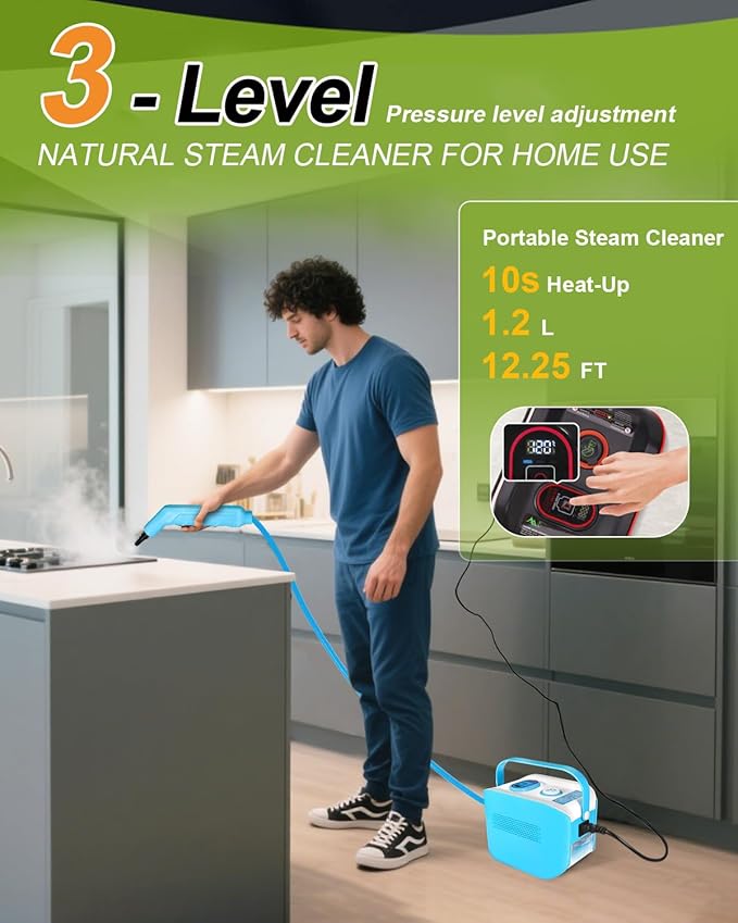 Steam Cleaner for Home & Car, 10s Fast Heat, High Pressure 3-Level Steam Control Steamer for Cleaning w/Large Tank, Portable Handheld Steam Cleaner for Kitchen Grease, Dirt, Tile, Grout, Bed Bugs