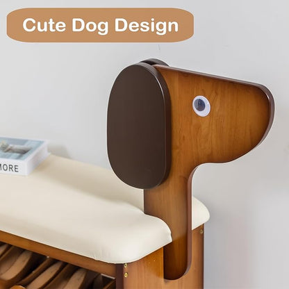 Shoe Bench with Cushion, 2-Tier Dog Entryway Bench Cute, Wood Shoe Rack Bench,19.69 inches