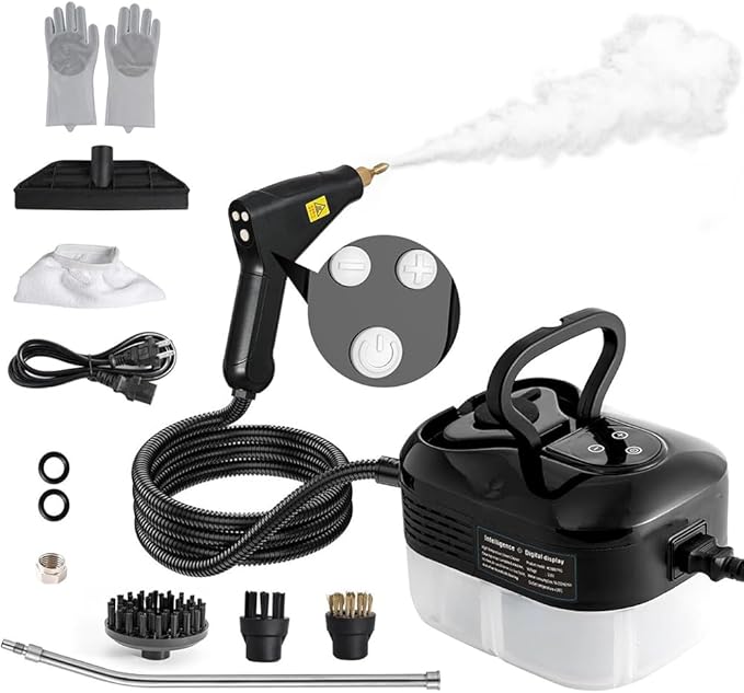 Steam Cleaner, 6-Levels Adjustable Switch Handle, 15s Heat-Up, 1.2L Tank, Steamer for Cleaning with 8 Pcs Accessories, Steam Cleaner for Home for Dirt, Grease, Grout, Tile,Floor,Couch and Car Black