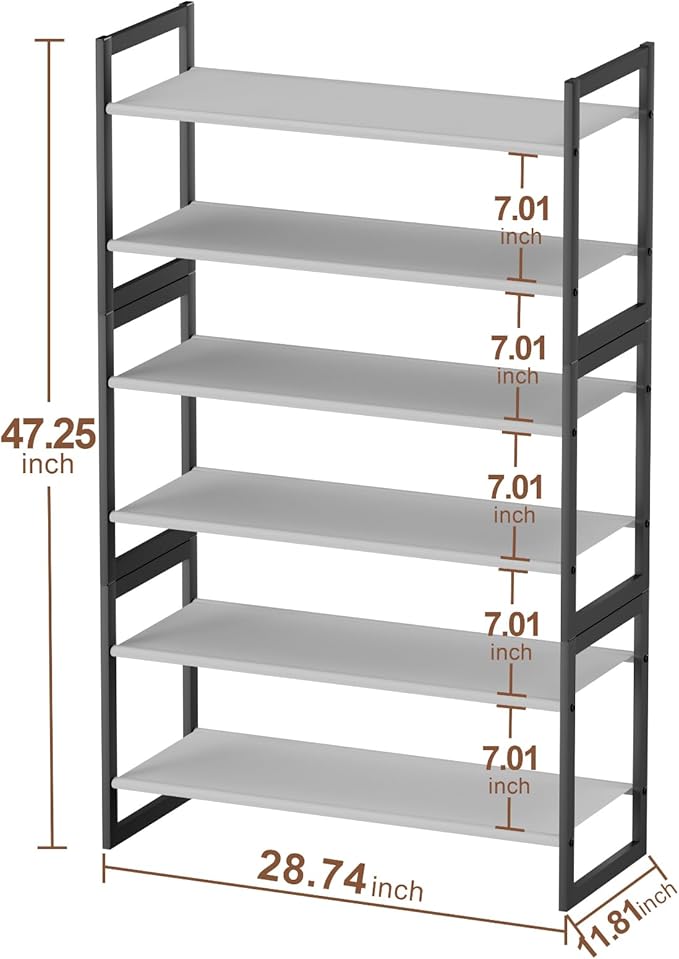 Shoe Rack for Closet & Entryway, Stackable 6-Tier Shoe Organizer, Welded Metal Frame, Semi-Assembled Fast Setup, 11.8" Deep Non-Woven Shelves, Space-Saving Shoe Storage, Black