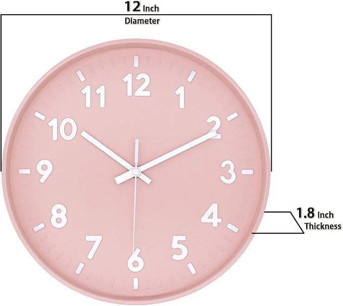 JENLYSTIME 12 Inch 3D Number Modern Wall Clock,Round Bright Colorful Dial,Non Ticking Silent Quartz Battery Operated Wall Clocks,Easy to Read Simple Style Decor Clock for Bedroom,LivingRoom(Pink)